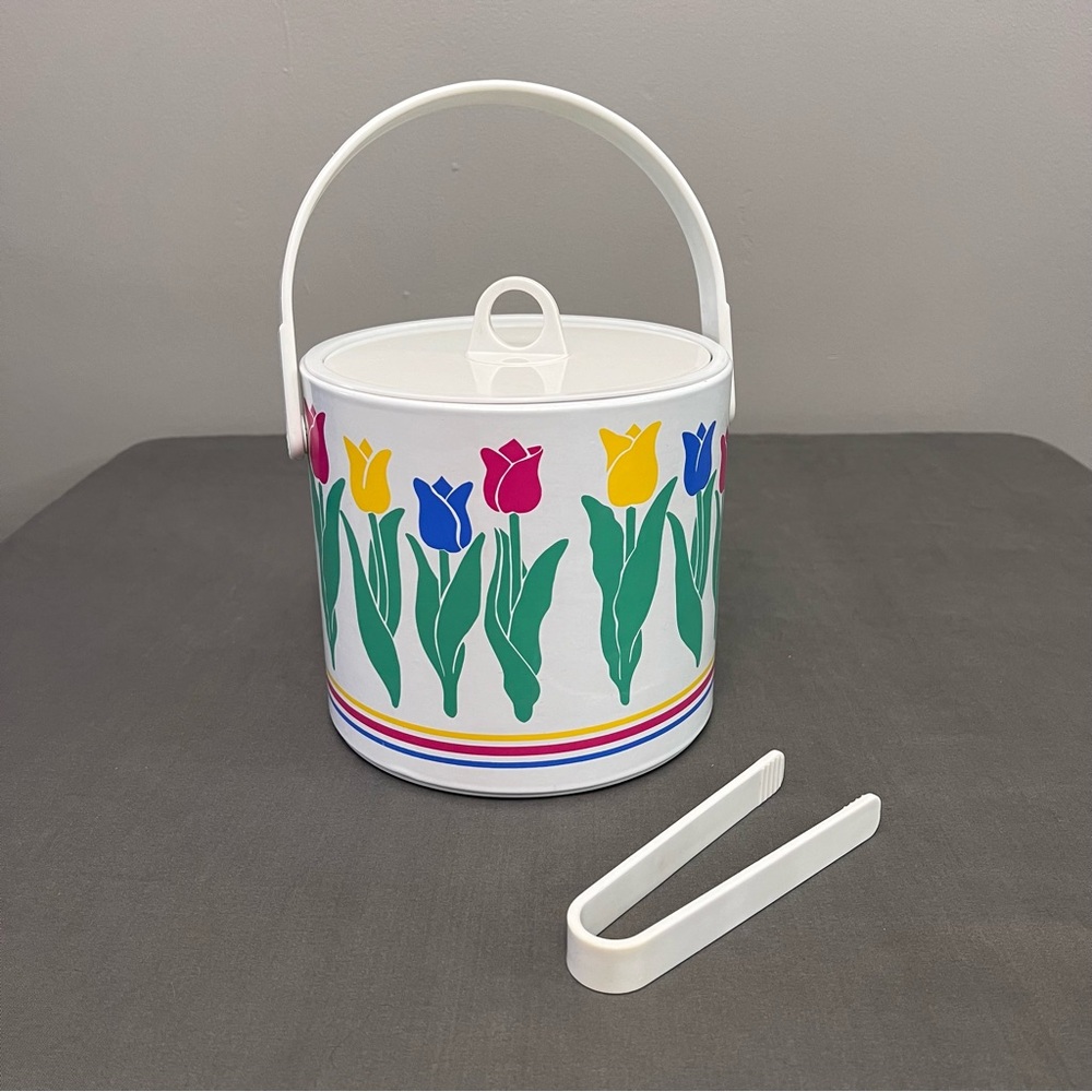 VTG Giraffe Brand Retro Colorful Tulip Ice Bucket W/ Tongs 8x9” W/ Lid On